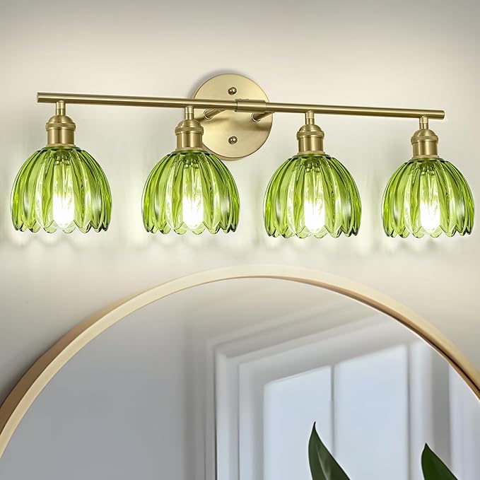Vintage Bathroom Light Fixtures,4-Light Hardwired Vanity Lights with Green Tulip Glass Shade,Gold Bathroom Vanity Light for Mirror Restroom,E26 Socket,25.2 in(Bulbs Not Included)