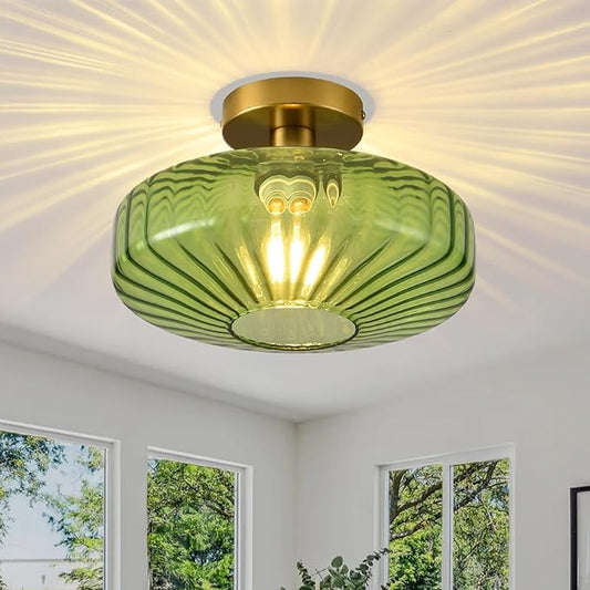 Semi Flush Mount Ceiling Light,11.8 Inch Vintage Green Glass Ceiling Light Fixture,Art Deco Kitchen Lighting Fixtures Ceiling for Hallway Porch Bedroom Bathroom Dining room,E26 Base(Bulb Not Included)