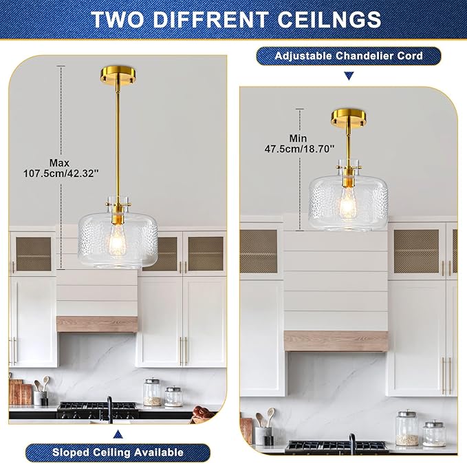 WILON Glass Pendant Lights Kitchen Island, 9.84'' Brass Gold Pendant Lighting Fixtures, Modern Hanging Ceiling Light with Clear Hammered Glass Shade for Farmhouse Dining Room Bedroom Hallway(Brass)