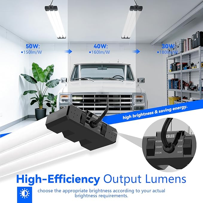 JESLED LED Shop Lights 4FT, 3CCT Selectable 4000K/5000K/6500K, Adjustable 30W/40W/50W, 7500LM Super Bright (300W Equivalent), Linkable Utility Light for Garage, Ceiling or Hanging Mount, ETL, 4 Pack