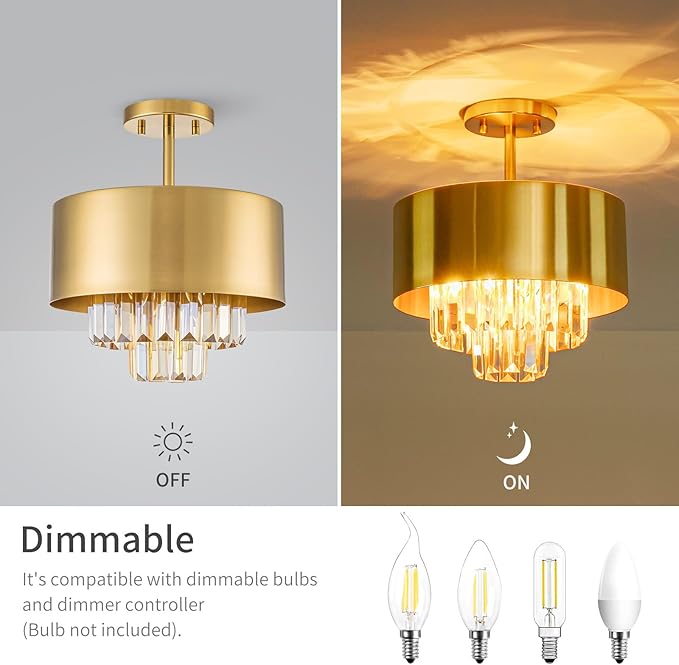 3-Light Luxury K9 Crystal Ceiling Light for Living Room, Foyer, Bedroom, Close to Ceiling Semi-Flushmount Light Fixture, Brass Finish Metal Lampshade & Champagne Crystal Pendant