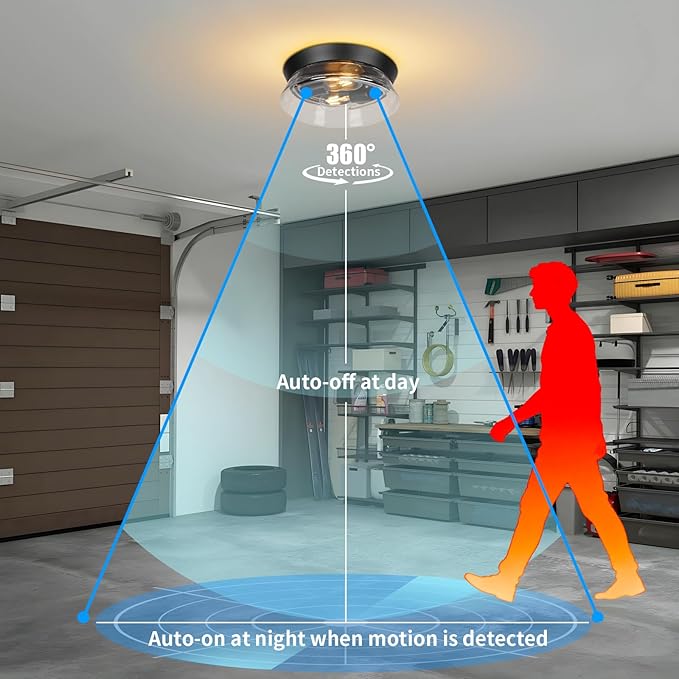 Motion Sensor Outdoor Ceiling Light, Black Modern Flush Mount Light Fixture with Clear Glass, Farmhouse Waterproof Ceiling Light for Porch, Patio, Hallway, Entryway, Garage (2 Blub Needed)