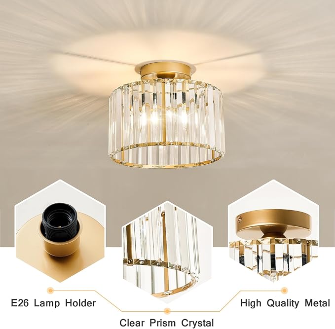 CVKASH 2 Pack Gold Crystal Semi Flush Mount Ceiling Light,Vintage Mini Ceiling Light Fixture Metal Close to Ceiling Lamp for Hallway Kitchen Living Room Bathroom Entryway Bedroom Closet
