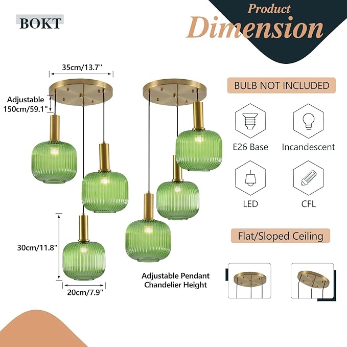 BOKT Green 3-Light Cluster Pendant Lights Mid Century Modern Ceiling Hanging Lighting 7.9" Farmhouse Gold Pendant Lights Kitchen Island with Ribbed Hand Blown Glass for Living Room Dining Room