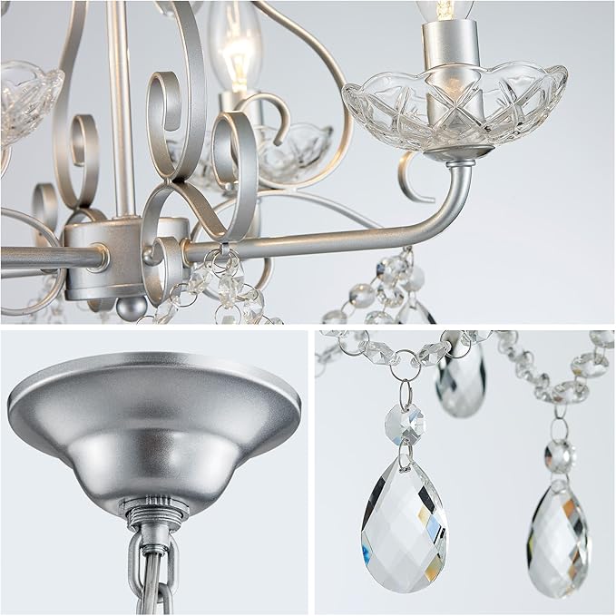 WUZUPS Crystal Candle Chandelier Pendant Flushmount Ceiling Light Modern Lighting Fixture for Bedroom Hallway Bar Kitchen Bathroom, H 14" x W 16", Silver, E12 Base