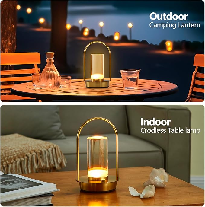 Cordless Table Lamp, 3-Color & Stepless Dimming with Touch Control, Portable Rechargeable for Outdoor Indoor Use, Water-Resistant Desk Light for Bedroom Living Room Patio (Gold)