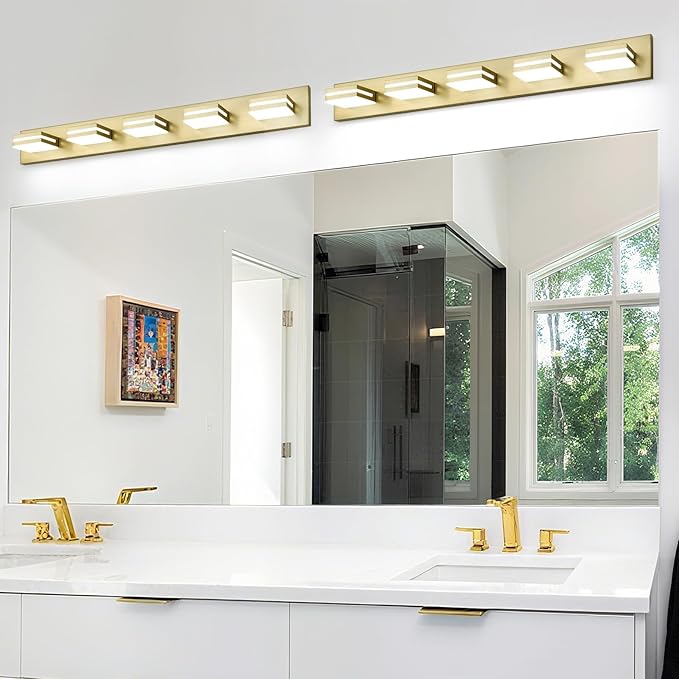 OKELI 5 Light Bathroom Vanity Light Gold Modern 36W LED Dimmable Vanity Light Over Mirror 350° Adjustable Lamp Head Cold White 6000K ETL Listed 36.2Inch