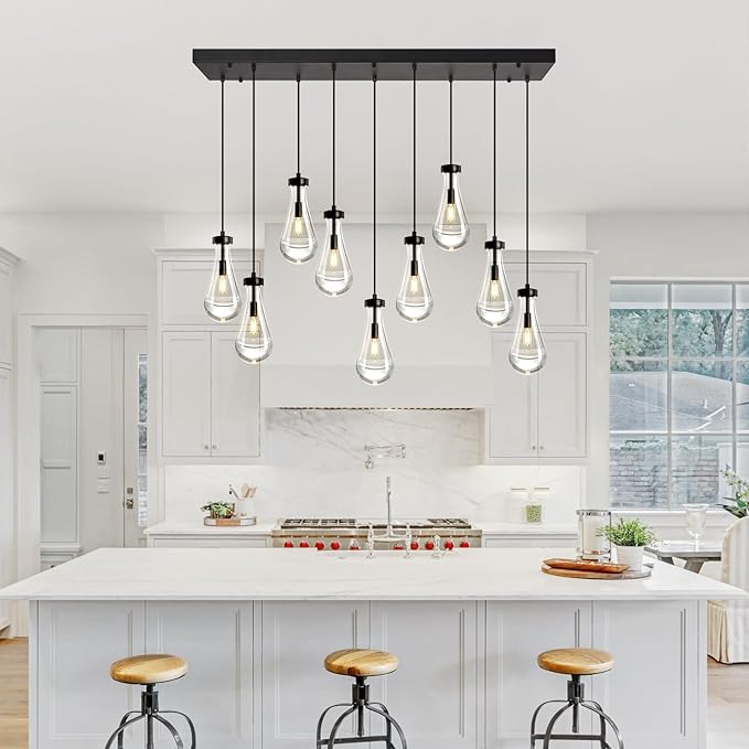 Modern Raindrop Pendant Lights Kitchen Island Teardrop Black Hanging Light Fixture Clear Solid Glass Chandeliers Crystal Pendant Light for Porch Living Room Dining Room(Long Plate-9 Lights)