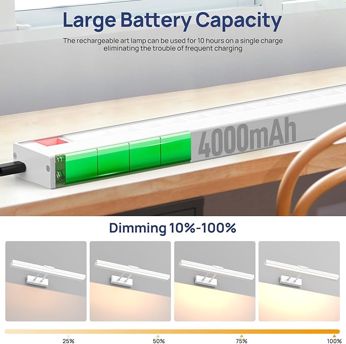 PESUTEN Picture Light Battery Operated, 16in Wireless Art Light for Paintings CCT Dimmable Recharging Battery Picture Light with Remote Control for Gallery Dartboard Art Bedroom Bathroom White