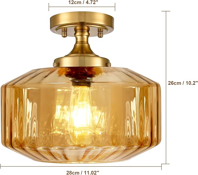 2 Pack Flush Mount Light Fixture Glass Globe Ceiling Light Amber Striped Glass Shade Gold Indoor Semi Flush Mount Chandelier Ceiling Light for Hallway, Kitchen, Entryway, Bedroom