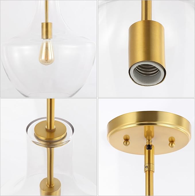 JONATHAN Y 13.25" Brass Gold/Clear Mid-Century Modern 1-Light LED Pendant Light Fixture, Adjustable Schoolhouse Hanging Lamp for Kitchen Island, Clear Glass Shade, LED Bulb Included (JYL6401C)