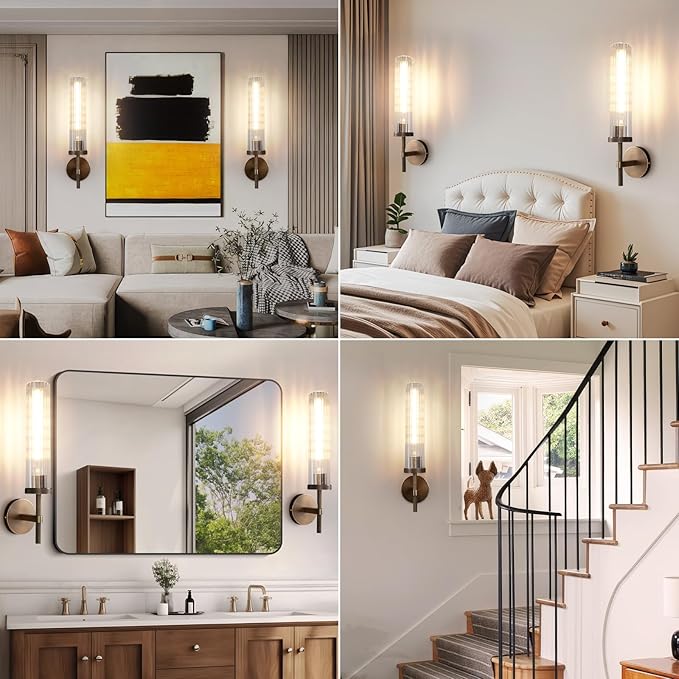 19.5" Knurled Brass Wall Sconces Set of 2, Bronze Bathroom Vanity Light Fixtures with Vertical Striped Glass Tube, Modern Lamp Lighting for Bedroom, Living Room, Hallway, Staircase, Mirror, Kitchen