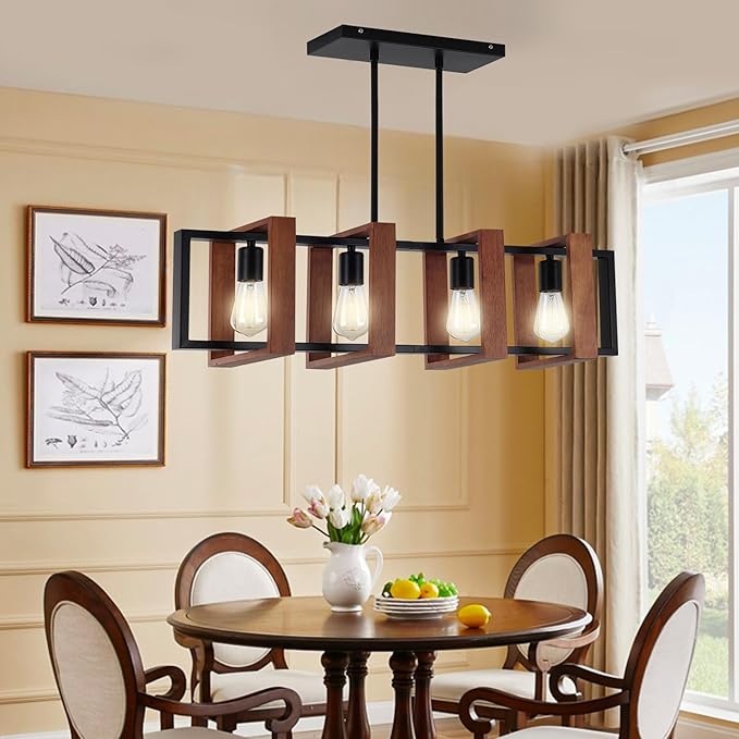 32" Farmhouse Kitchen Island Lighting Adjustable Dining Room Light Fixtures, 4-Light Rustic Wood and Black Metal Rectangular Chandelier Modern Pendant Lighting for Kitchen Island, Cafe