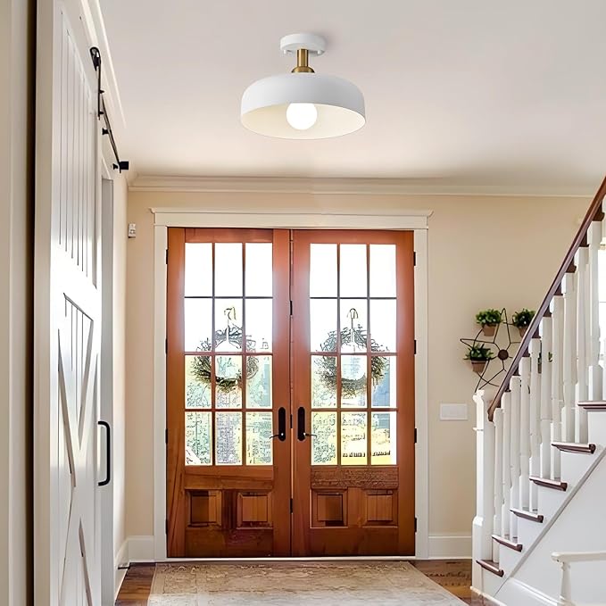 Modern Semi Flush Mount Ceiling Light,Mid Century Hallway Ceiling Light Fixture,E26 Ceramic Lamp Head,White and Gold Light Fxiture Ceiling for Kitchen Entryway Bedroom Hall Entry (12.6 in)