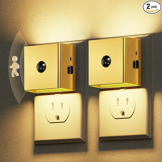 L LOHAS LED Night Light,Plug in Night Light with Motion Sensor and Dusk to Dawn Sensor, Brightness Adjustable,3000K Soft White, Gold Nightlight for Bathroom Hallway Kitchen