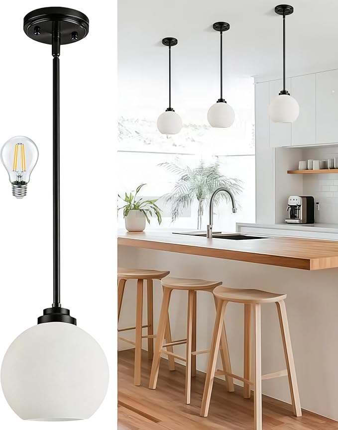 Majade Globe Pendant Lights Kitchen Island Pendant Light Fixtures 7.4 Inch Black Mid Century Modern Globe Pendant Lighting with Milk Glass Adjustable Hanging Light Fixtures for Dining Room living room