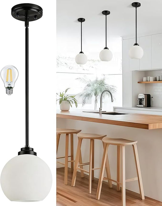Majade Globe Pendant Lights Kitchen Island Pendant Light Fixtures 7.4 Inch Black Mid Century Modern Globe Pendant Lighting with Milk Glass Adjustable Hanging Light Fixtures for Dining Room living room