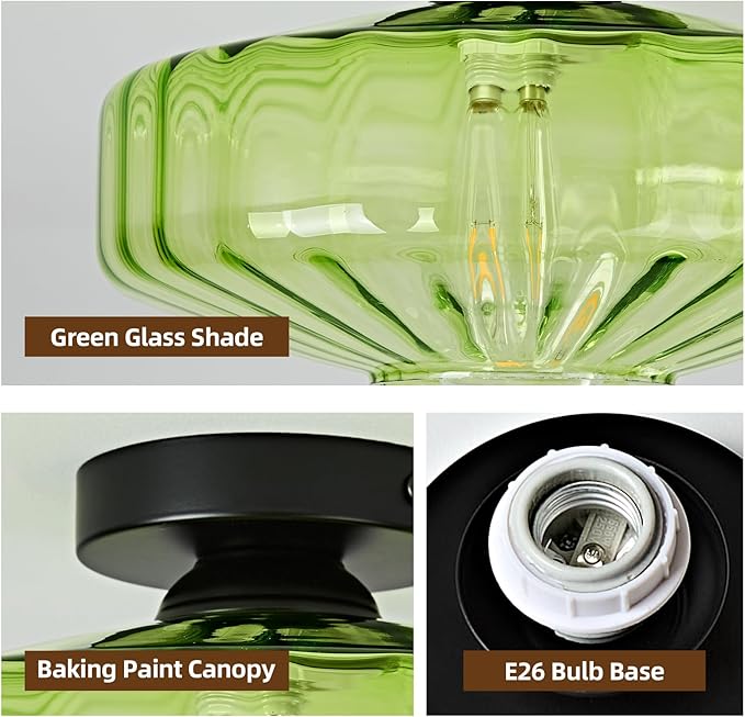 Glass Semi Flush Ceiling Lights - 12 in Vintage Mid Century Modern Lighting Fixture - Green Drum Unique Art Deco Mount Light Fixtures for Hallway Entry Way Hall Kitchen Dining Laundry Room Foyer Porch