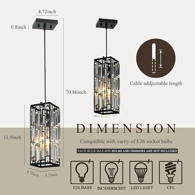 Crystal Pendant Lights for Kitchen Island, Pendant Lighting Modern Pendant Light, Adjustable Pendant Light Fixture for Kitchen (Black, Square-2pcs)