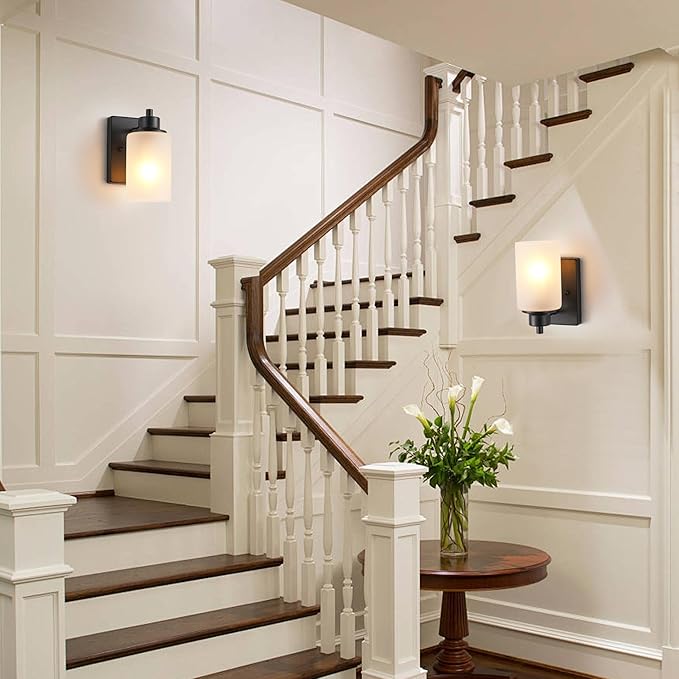 3-Pack Modern Wall Sconces, Indoor Bath Vanity Light Fixture Bathroom for Living Room, Porch, Bedside, Farmhouse Black Finish with White Frosted Glass Shades Wall Mounted Lights