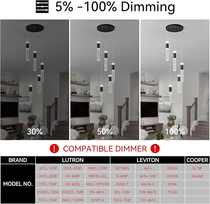 5-Light Pendant Lights, Modern Black Gold Pendant Light Fixtures with Bubble Crystal, Dimmable LED, Kitchen Island & Dining Room