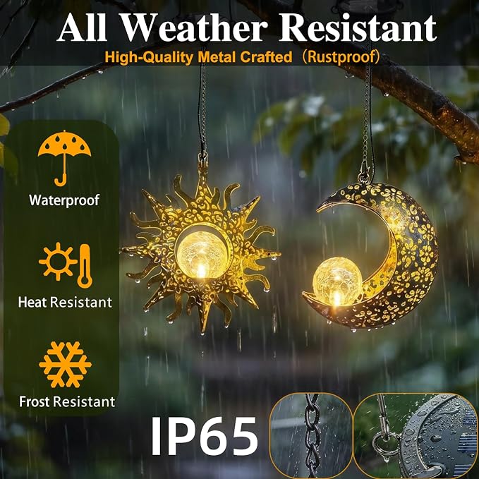Solar Hanging Lights for Outside Garden,Outdoor Metal Lanterns Sun Moon Lamp, Large Decorations for Yard Garden Patio Proch Tree Wall, Christmas Gifts for Women Mom