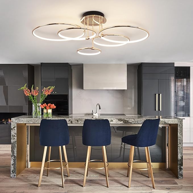 CANEOE Modern Ceiling Light Fixture,Gold Dimmable Led Ceiling Light with Remote Control for Living Room,5 Rings Flush Mount Ceiling Lamp for Living Room Bedroom Kitchen Lighting Fixtures Ceiling
