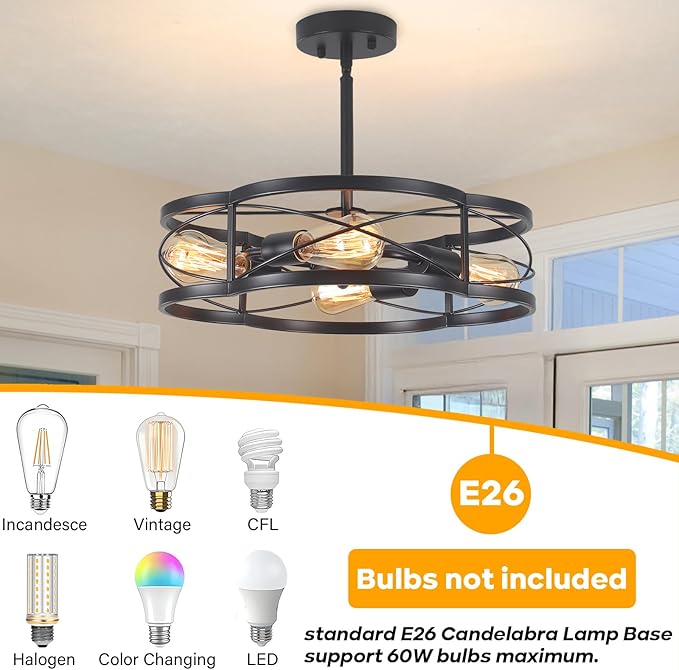 Black Semi Flush Mount Ceiling Lights, Sloped Dining Room Light Fixture Farmhouse Chandelier, Kitchen Island Pendant Lighting Adjustable Height for Entryway Hallway Foyer