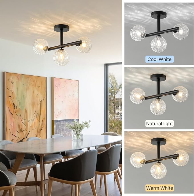 Modern Globe Glass Ceiling Light: 13 Inch Sputnik Semi Flush Mount Light with Hammered Clear Glass Shade - 3 Lights Black Ceiling Lighting Fixture - Dimmable Linear Chandelier for Bedroom Living Room