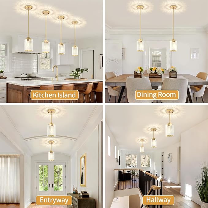 Modern Crystal Pendant Lights Kitchen Island, Brushed Brass Pendant Lighting Over Island Kitchen Hanging Light Fixtures Adjustable Mini Pendant Light for Dining Room Bathroom Entryway Hallway Foyer