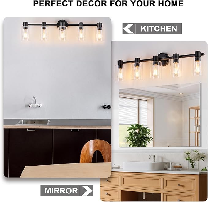 5 Light Bathroom Wall Light Fixtures Black Bathroom Wall Sconce with Clear Glass Lights Over Mirror Vanity Lights E26 Base