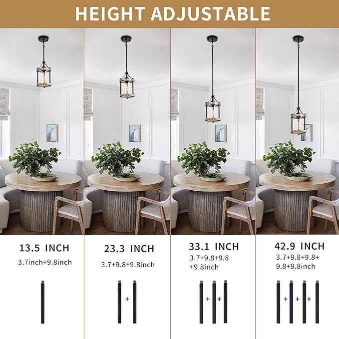 Farmhouse Pendant Light, Rustic White Wood and Metal Cage Hanging Light Fixtures with Glass, 43 Inch Adjustable for Flat and Slop Ceiling, Pendant Lighting for Kitchen Island Foyer Hallway