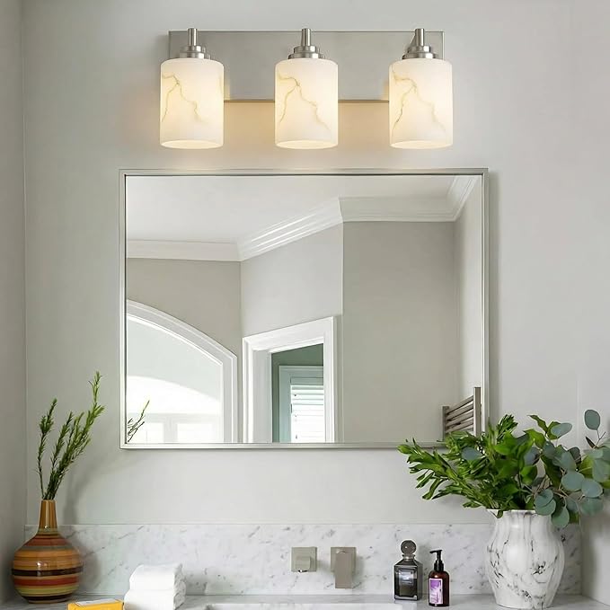 3-Light Bathroom Light Fixture, Brushed Nickel Modern Vanity Light with White Marble Glass Shade, for Bathroom Mirror, Living Room, Bedroom, Hallway, E26 Base, Extended Base