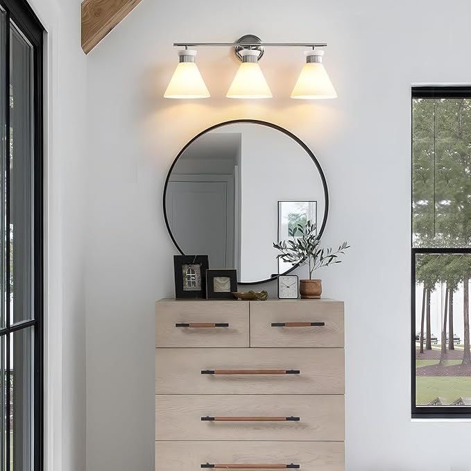 WOSHITU Nickel Bathroom Vanity Light Fixtures: Vanity Lighting Fixtures Over Mirror 23.4 inch with Milky White Frosted Glass, 3-Lights Vanity Light Above Mirror Bathroom Wall Light(Exclude Bulb)