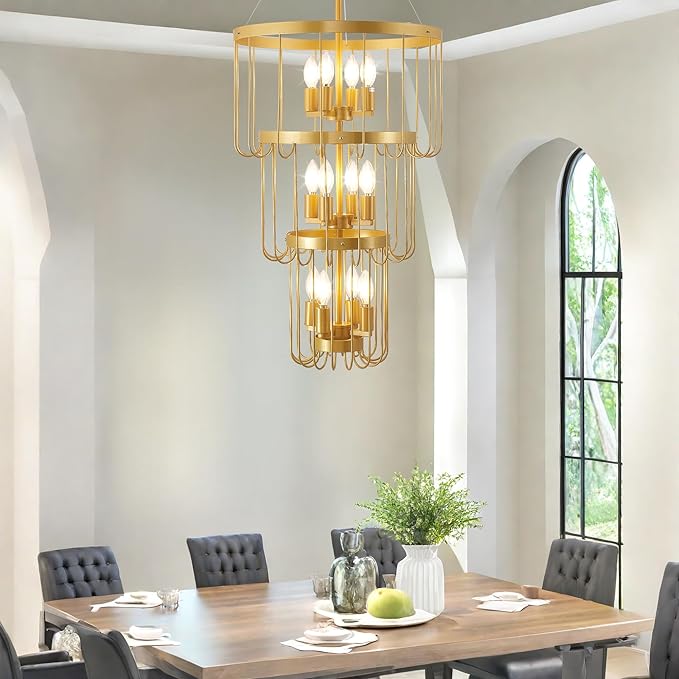 18 Inch Gold Foyer Chandelier,12 Light Lantern Tiered Pendant Light Fixtures,Modern Foyer Lighting Fixtures,Farmhouse Chandelier for Entryway,Large Chandeliers for High Ceilings,for Staircase,Entrance