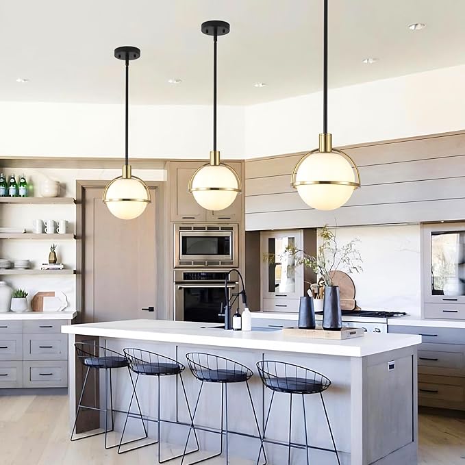 Modern Mid Century Globe Pendant Light,Brass Gold and Black Kitchen Island Pendant Lighting with Milk White Glass Shade,Hanging Pendant Light Fixtures for Living Room Bedroom
