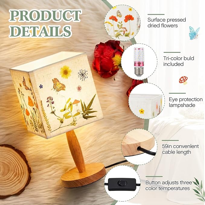 Hortsun Pressed Flower Lamp Vintage Table Small Lamp Cottagecore Decor Boho Night Light Decorative Rustic Night Light for Bedroom, Living Room or Office, Valentine Gift for Women(Square)