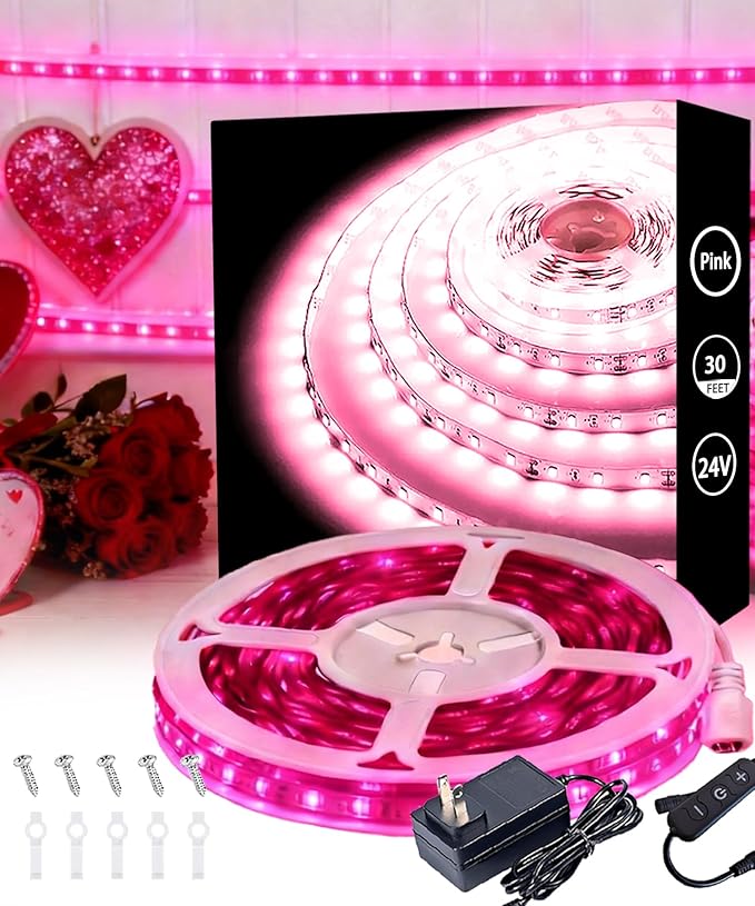 Pink 30ft Led Lights Strip Valentines Day Decor Rope Lights Easy DIY Princess Bedroom Cuttable Strip Lights for Baby Room Bathroom Living Room Kitchen Ceiling Wall Vanity Mirror Decoration