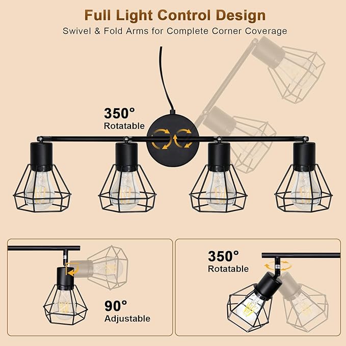 LTBLIGHT 4-Light Plug in Track Lighting with Power Cord, Plug in Ceiling Light with ON/Off Switch, LED Spotlight for Kitchen, Living Room, Artwork, E26 Base (Bulbs Not Included)