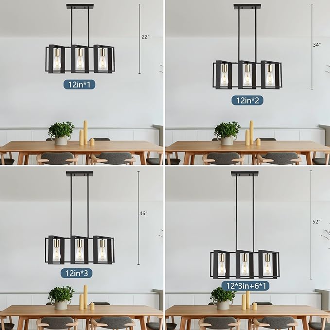 23.6" Island Lighting,3 Lights Dining Room Chandelier, Linear Kitchen Island Lighting for Pool Table Living Room, Foyer Hallway,E26, Black Wood Frame