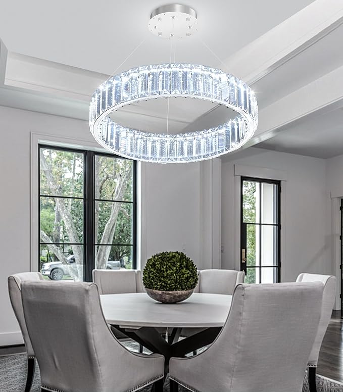 16'' Modern Ring Chandelier Crystal Chandeliers for Dining Room Round LED Dimmable Ceiling Light Fixture for Living Room Bedroom Lighting Silver