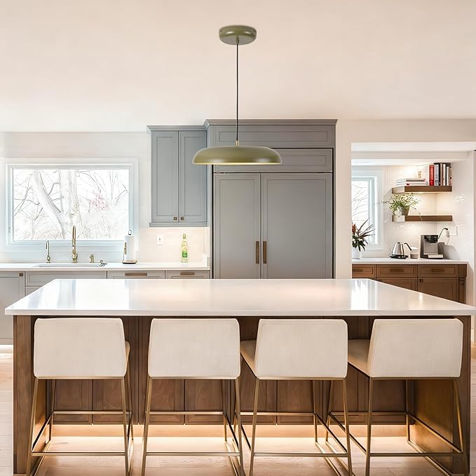 BISAMIYA 16" Modern Dimmable LED Pendant Light - Elegant Deep Green Metal Shade for Kitchen Island, Dining Room & Living Room - 3000K Warm White