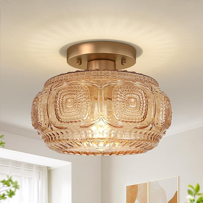 Semi Flush Mount Ceiling Light, Amber Globe Glass Ceiling Light Fixture, Art Deco Kitchen Lighting fixtures Ceiling for Hallway Porch Corridor Bedroom, Bulb Not Included