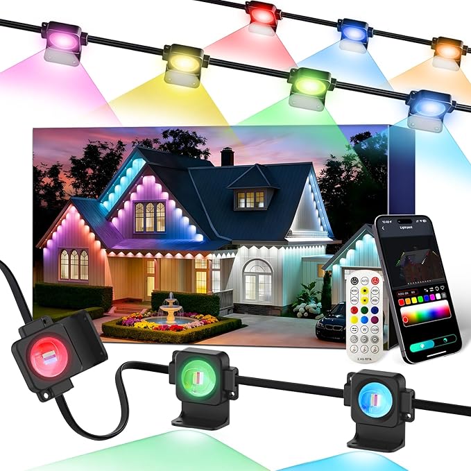 Super RGB Permanent Outdoor Lights 50Ft 30LEDs, Smart RGB-IC Year Round Eave Deck Fence Outside Lights with Remote & App Control, Multicolor & White Individual DIY LED Christmas Holiday Decor