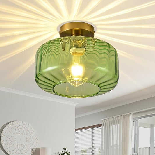 Green Glass Semi Flush Mount Ceiling Light, Luxury Close to Ceiling Light Fixtures with Glass Shade, 11" Round Light Fixtures Ceiling Mount for Bathroom Dining Room Bedroom Living Room Hallway, E26