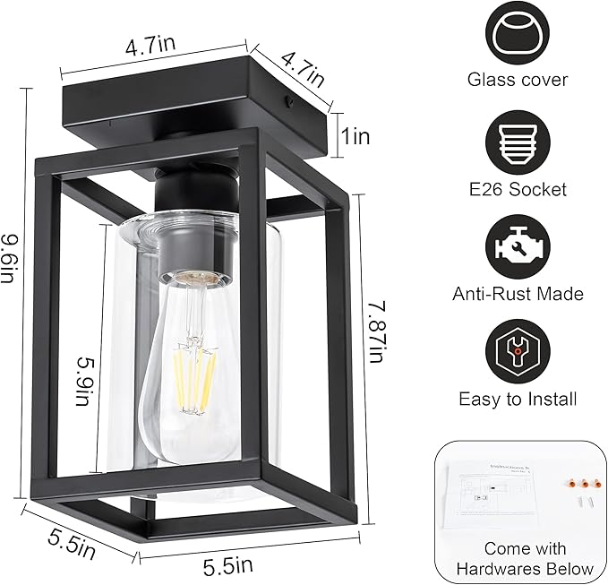 Mayful Flush Mount Ceiling Light Fixture with Clear Glass Shade, Farmhouse Black Metal Frame Light Fixture for Kitchen Island Entryway Porch Foyer Dining Room, E26 Ceramic Base
