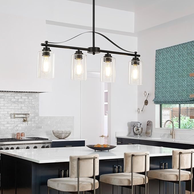 Island Light for Kitchen, 4-Light Linear Chandelier Pendant Lighting for Kitchen Island, Matte Black Dining Room Light Fixture Over Table with Clear Glass Shades