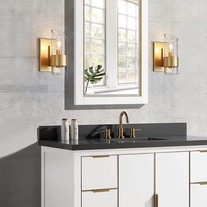 WUZUPS Set of 2 1-Light Bathroom Wall Light Fixture Over Mirror Class Shade Morden Vanity Scones for Bathroom Bedroom Living Room, E12 Base, Gold