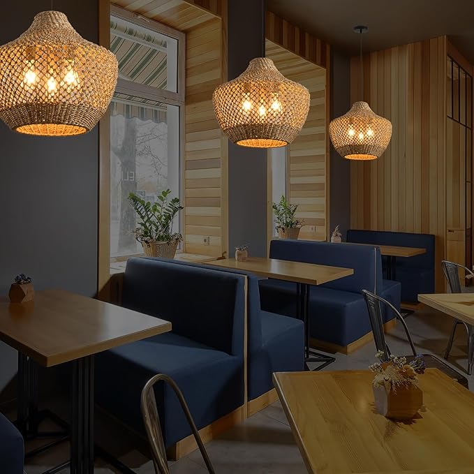 18.9" Rattan Pendant Light Fixtures,Boho Rattan Pendant Light 3-Light Hand Woven Seagrass Chandelier for Workplace Occasions Restaurants Dining Living Bedroom Kitchen Farmhouse