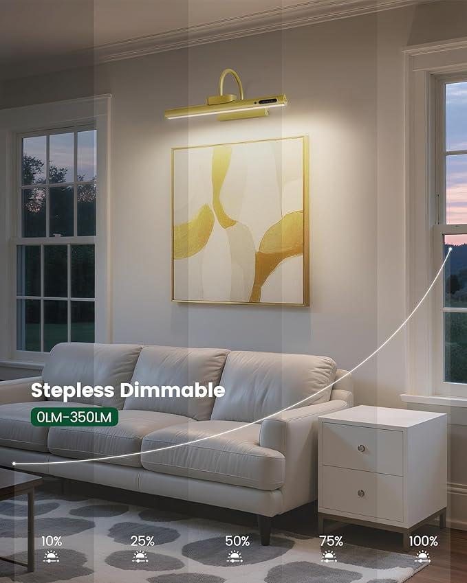 Bridika Picture Light Battery Operated, 19.7in Picture Lights for Wall, 3 Colors & Brightness Dimmable, Rechargeable Art Light for Paintings Photo Dartboard Gallery Bedroom Bathroom Gold